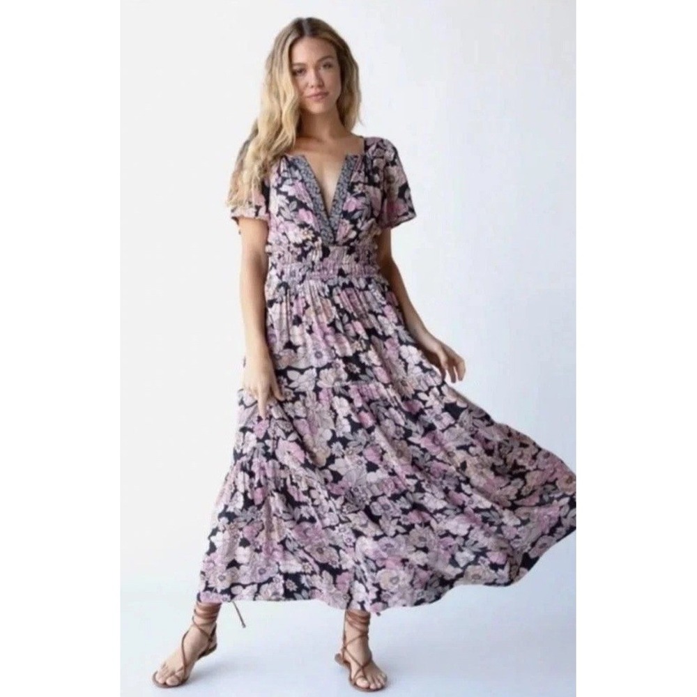 Natural Life Bella Maxi Dress Small Pink Floral Boho Festival Hippie Pockets